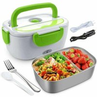 Electric food warmer for cars and offices. Stainless steel electric lunchbox for on the go. 1.5-liter food warmer. Insulated container with pot and
