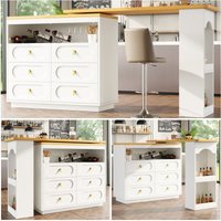 White 360° Rotating Kitchen Island & Coffee Bar Table with Storage, 6 Drawers, Spice Rack 137 x 39 x 90 cm