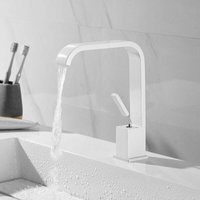 White waterfall basin tap with high spout, brass mixer tap for bathroom