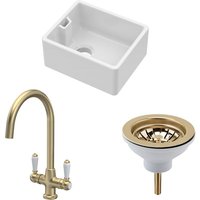 Balterley - Fireclay Kitchen Bundle - Compact Single Bowl Belfast Sink, Strainer Waste & Mono Lever Tap, 460mm - Brushed Brass