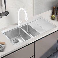 Jassferry - Kitchen Sink Inset 1.2 mm Thickness Stainless Steel 1.5 Bowl Righthand Drainer Square Strainer Plug Waste Pipe Kit