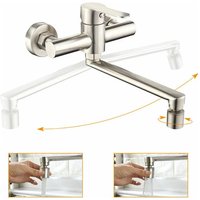 Wall-mounted kitchen mixer with 2 nozzles to choose from. 360° rotating spout. Brushed steel taps. Practical design