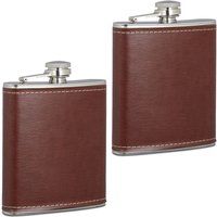 Relaxdays - 2x Hip Flask, 200ml Each, Stainless Steel, Immitation Leather Cover, Pocket, 12.5 x 9.5 x 2.5 cm, Brown/Silver