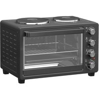 HOMCOM 28L Mini Oven with 2 Hot Plates, Countertop Toaster Oven, Grill, Roast, Bake, Boil, with Timer, Adjustable Temperature, 2600W, Black
