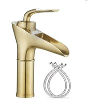 Waterfall tap for washbasin, brushed gold finish, brass, hot and cold water tap, waterfall spout, single-hole mixer.