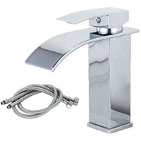 Waterfall Basin Faucet, Modern Upgrade Bathroom Mixer Tap, Large Square Brass Spout, Hot and Cold Water Available, Silver
