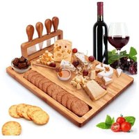cheese board, serving platter with 4 stainless steel knives, solid wood charcuterie board (14''x11'')