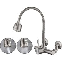 Wall-mounted kitchen mixer tap, made of food-grade 304 stainless steel, 360° swivel, with mounting holes of 6.3cm-24cm.