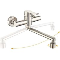 Wall-Mounted Kitchen Faucet, Sink Mixer Tap with 2 Jets, 360° Swivel Kitchen Mixer Tap, Brushed Steel Sink Faucet