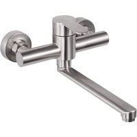 Wall-mounted kitchen tap, 360° swivel, stainless steel, adjustable mounting holes with universal "S" swivel spout, 23 cm swivel arm, brushed finish