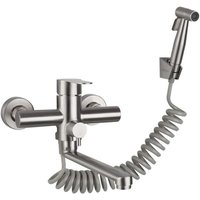 Wall-mounted tap with spray gun, with spray gun, kitchen sink, stainless steel tap, hot/cold water, laundry tub, rotary (brushed)
