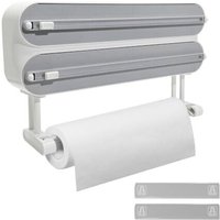 Wall-mounted kitchen roll holder, improved 3-in-1 magnetic food wrap dispenser, with integrated roll holder, 50m plastic wrap roll, white