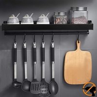 Wall-Mounted Kitchen Utensil Storage Rack with 6 Removable Hooks, No Drilling Required, Aluminium, Rustproof, Black, 40cm