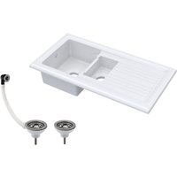 Balterley Traditional 101cm 1.5 Bowl Fireclay Inset Kitchen Sink & Drainer & Brushed Nickel Wastes - White