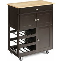 COSTWAY Kitchen Serving Trolley, Rolling Storage Island Cart with Drawer, 3 Tier Wine Racks, 2 Cabinets, Rubber Wood Tabletop and Wheels, Utility