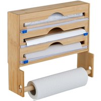 Cling Film Dispenser, with Kitchen Roll Holder, Foil & Baking Paper, Wall-Mounted, 31x36x10 cm, Bamboo, Brown - Relaxdays