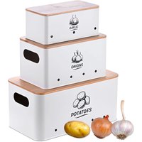 Relaxdays Storage Box Set of 3, Potatoes, Onions, Garlic, Kitchen Storage Container, Metal, White